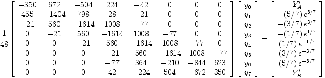 Version discrétisée (à l'ordre 4, sur 8 points équidistants) de l'équation différentielle, avec conditions aux limites de type Neumann